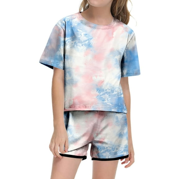 REDARER Girls' Summer Tie-Dye Set – Short Sleeve Pocket Top & Breathable Shorts, Lightweight Casual Outfit,for Sze 6-7 Years