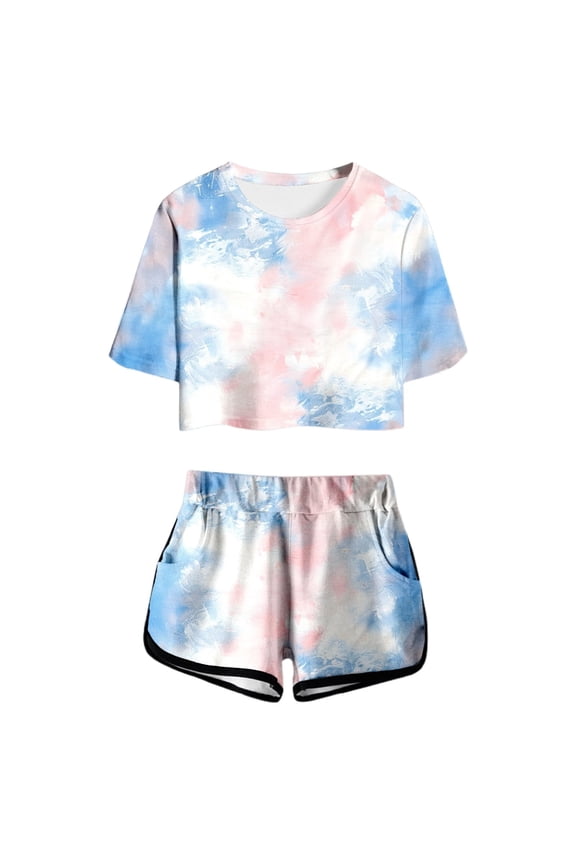 Girls Summer Tie-Dye Short Sleeve Top & Shorts Set | Cute Round Neck with Pocket | Lightweight Comfy Outfit for Juniors,Size 9-10 Years