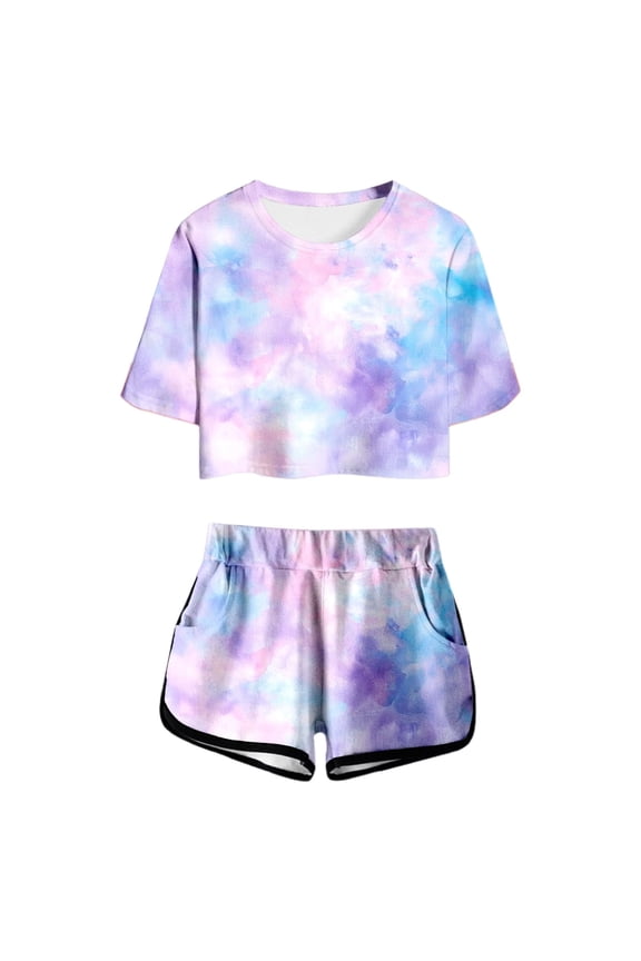 Girls Summer Tie-dye Print Short Sleeve Top and Shorts Set Cute Round Neck Pocket Casual Outfit for Teens and Juniors,Size 11-12 Years