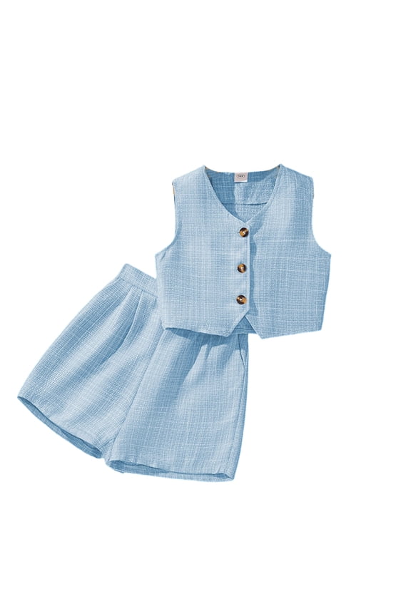 Girls Summer Tweed 2-Piece Set: Button Vest & High-Waist Shorts Casual Outfit,9-10 Years