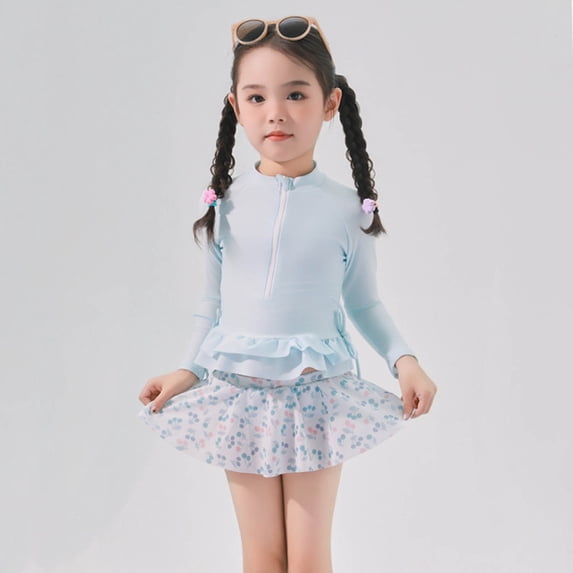 REDARER Girls Swimwear Set Long Sleeve Floral Print Polyester Cute Japanese Style Swimsuits for Toddler,Girls Swimsuit,2-4 Years