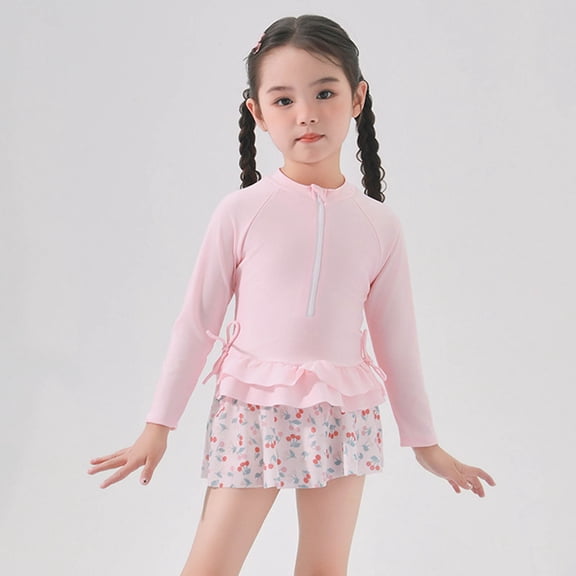 REDARER Girls Swimwear Set Long Sleeve Floral Print Polyester Cute Japanese Style Swimsuits for Toddler,Girls Swimsuit,2-4 Years
