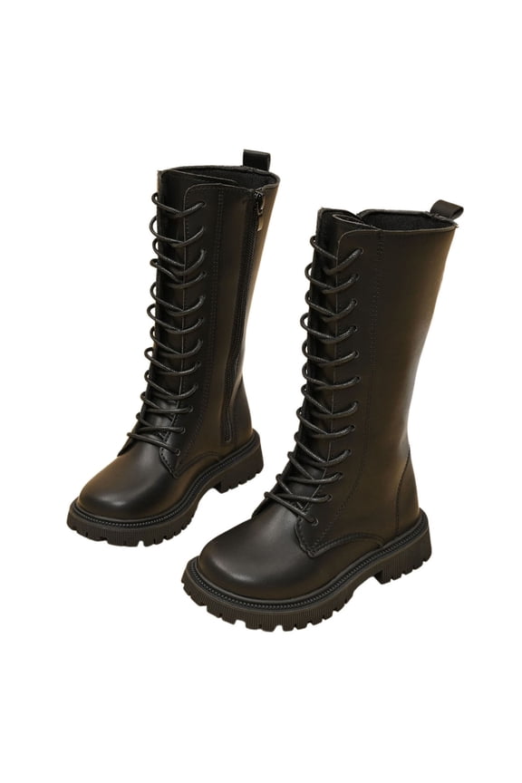 Girls Tall Leather Boots, Flat Heel Booties with Soft Sole, Korean British Style Princess Boots for Winter,Size:7-8 Years