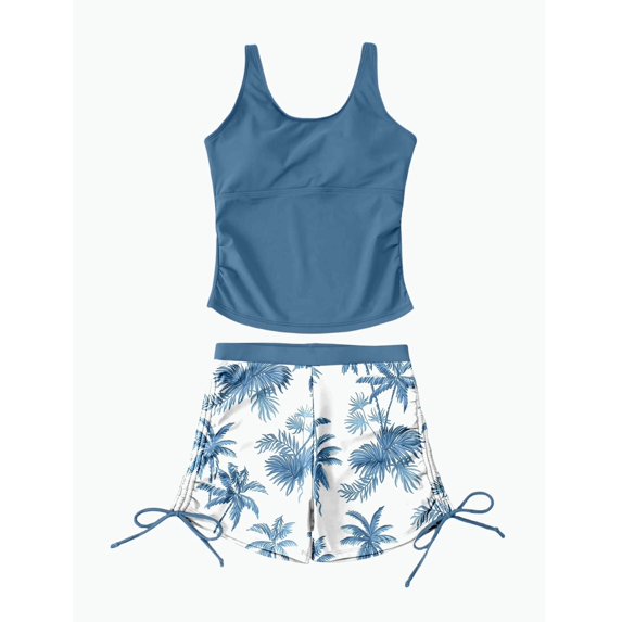 REDARER Girls Tankini Swimsuit 2-Piece Blue Tree Print Drawstring Shorts Bathing Suit for Kids Beach,13-14 Years
