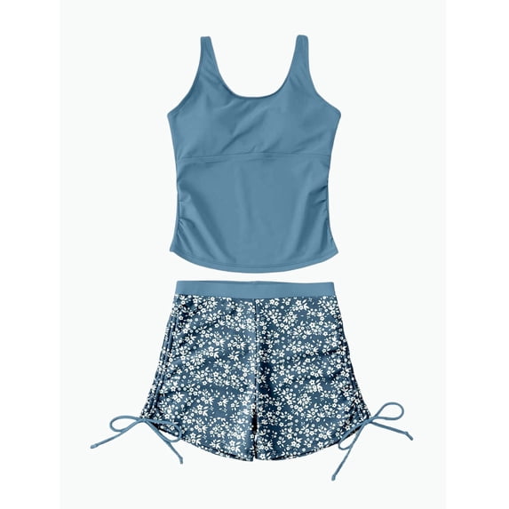REDARER Girls Tankini Swimsuit 2-Piece Floral Print Drawstring Shorts Bathing Suit for Kids Beach,11-12 Years