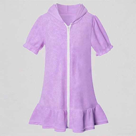 REDARER Girls' Terry Cloth Swim Cover-Up, Short Sleeve Hooded Zip-Up Ruffled Beach Dress, Summer Bathing Suit Coverup for Kids,3-4 Years