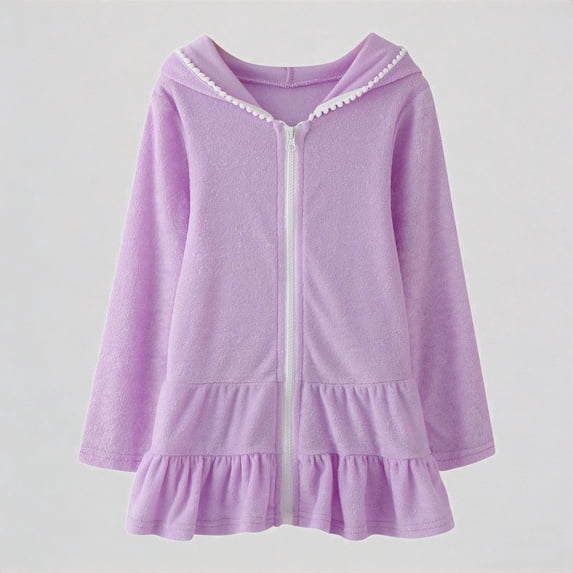 REDARER Girls' Terry Cloth Swim Cover Up, Zip Up Hooded Beach Dress with Ruffled Hem, Absorbent Bathrobe for Kids,7-8 Years