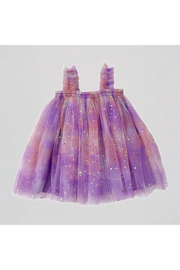 Girls Tie-Dye Tulle Dress with Gold Star Print Ruffled Straps Princess Party Outfit,2-3 Years