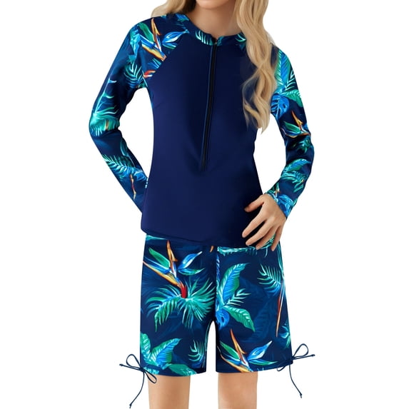 REDARER Girls Tropical Floral Print Two Piece Swimsuit Long Sleeve Half Zip Rash Guard Top & Shorts Set,13-14 Years