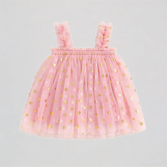REDARER Girls Tulle Dress with Gold Polka Dots & Ruffled Straps Princess Party Holiday Outfit,18-24 Months