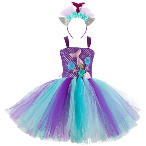 REDARER Girls Tutu Sleeveless Spaghetti Strap Sequined Tulle Dress with Matching Headband for Halloween Cosplay Birthday Party Dress Up,8-9 Years