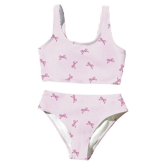 REDARER Girls Two Piece Bikini Set Cute Strappy Striped Bow Print Swimwear for Youth Beach Pool,11-12 Years