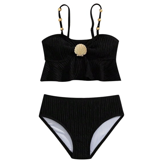 REDARER Girls Two Piece Bikini Set Ruffle Top with Seashell Decor High Waist Swimwear for Kids Beach Pool,7-8 Years