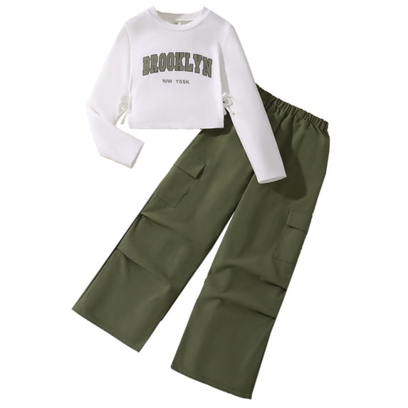 REDARER Girls Two Piece Casual Outfit Set Crew Neck Crop Long Sleeve Top Brooklyn Letter Print Elastic Waist Multi Pocket Wide Leg Cargo Pants Daily Street for Kids,10-11 Years
