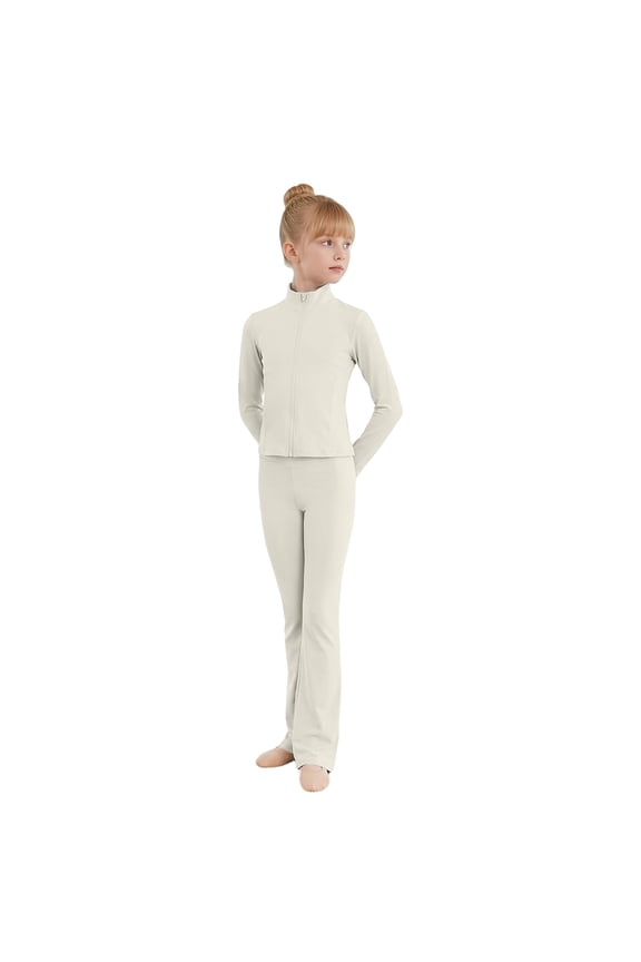 Girls Two Piece Dance Set Solid Zip Up Stand Collar Long Sleeve Jacket Flare Stretch Leggings Ballet Gymnastics Practice Warm Up Outfit,10-11 Years