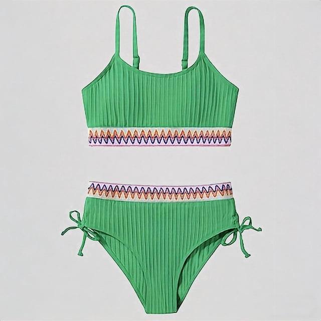 REDARER Girls Two-Piece High-Waist Bikini â Ribbed Top & Bottom with Patterned Trim, Side Ties & Chest Pad for Beach Pool Swimwear,9-10 Years