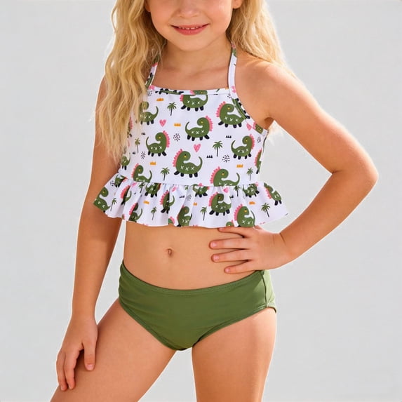REDARER Girls Two-Piece Swimsuit – Dinosaur Print Peplum Top & Bottom, Cute Cartoon Style for Beach Pool Summer Toddler Swimwear,12-18 Months
