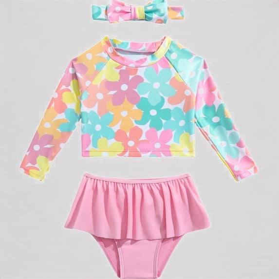 REDARER Girls Two-Piece Swimsuit: Long-Sleeve Rash Guard, Colorful Floral Print, Ruffled Hem + Bow Headband – Summer Beach Swimwear,18-24 Months