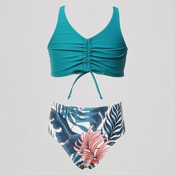 REDARER Girls Two-Piece Swimwear – Solid Ruched Top with Tie Detail & Tropical Print High Waist Bottom, UPF 50+ Sun Protection for Beach Pool Swim,6-7 Years