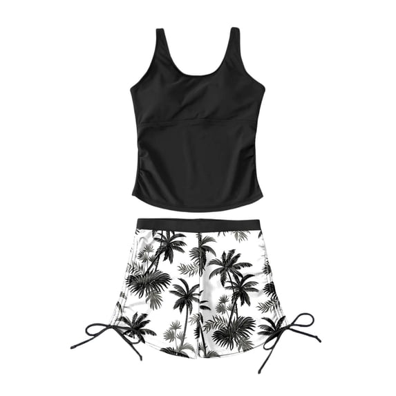 REDARER Girls Two Piece Tankini Swimsuit Black With Tree Print Shorts Side Drawstring Ruched Summer Beach Swimwear,15-16 Years