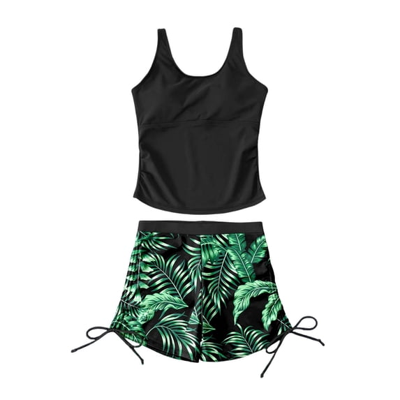 REDARER Girls Two Piece Tankini Swimsuit Black With Tropical Leaf Print Shorts Side Drawstring Ruched Summer Beach Swimwear,15-16 Years