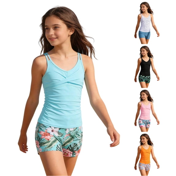 REDARER Girls Two Piece Tankini Swimsuit Double Strap Cross Front Ruched Top Tropical Leaf Print Boyshort Kids Summer Beach Pool Snorkel Swimwear Outfit,11-12 Years