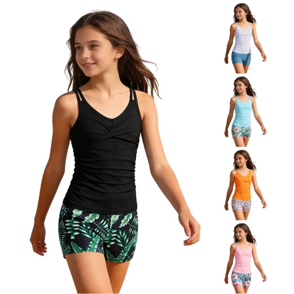 REDARER Girls Two Piece Tankini Swimsuit Double Strap Cross Front Ruched Top Tropical Leaf Print Boyshort Kids Summer Beach Pool Snorkel Swimwear Outfit,9-10 Years