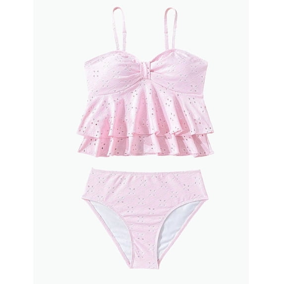REDARER Girls Two Piece Tankini Swimsuit Eyelet Ruffle Flounce UPF 50+ Sun Protective Swimwear Summer,11-12 Years