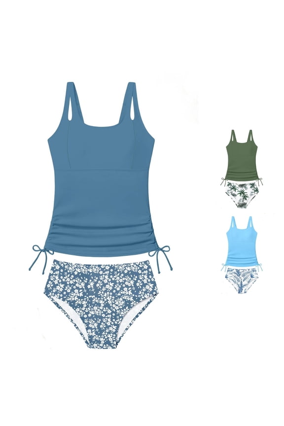Girls Two Piece Tankini Swimsuit Solid Cutout Strap Side Drawstring Ruched Top Tree Print Bikini Summer Pool Beach Bathing Suit,13-14 Years