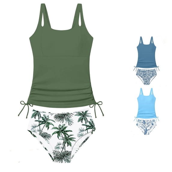 REDARER Girls Two Piece Tankini Swimsuit Solid Cutout Strap Side Drawstring Ruched Top Tree Print Bikini Summer Pool Beach Bathing Suit,15-16 Years