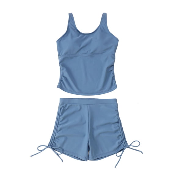 REDARER Girls Two Piece Tankini Swimsuit Solid Side Drawstring Ruched Summer Beach Swimwear For Kids,13-14 Years