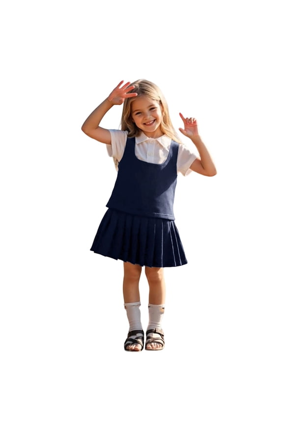 Girls U Neck Wide Strap Pinafore Skirt Even Box Press Pleats Short Hem Soft Knit Everyday Casual Back to School Daily Matching Uniform Outfit Skirt ,2-3 Years