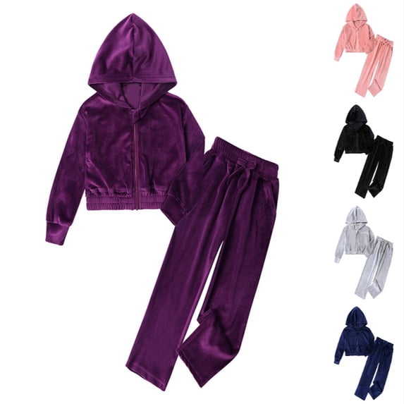 REDARER Girls Velvet Hooded Tracksuit Warm Soft Fleece Zip Jacket Pants 2Pc Casual Set Daily Wear,3-4 Years