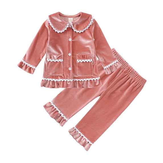 REDARER Girls' Velvet Pajama Set Lace Collar & Ruffle Soft Warm Sleepwear for Kids,2-3 Years