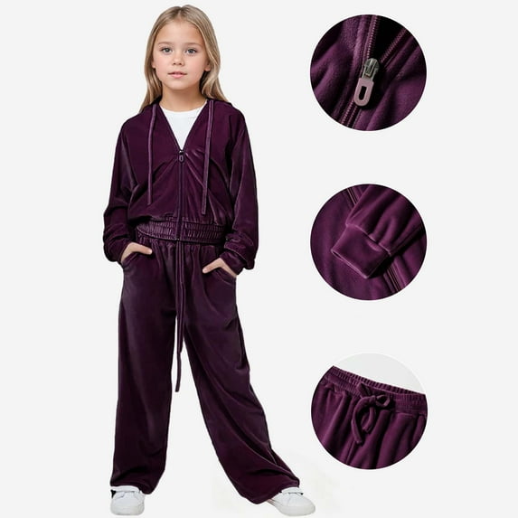 REDARER Girls Velvet Tracksuit, Hooded Sweatshirt & Jogger Pants 2-Piece Set, Cozy Fall Winter Athletic Wear,Size:7-8 Years