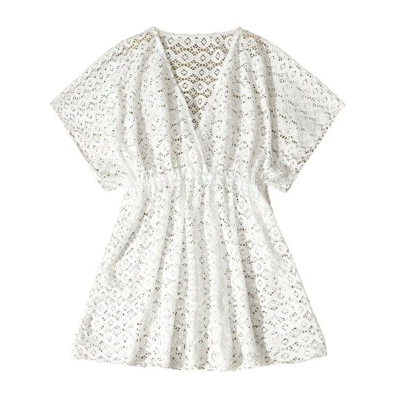 REDARER Girls White Lace Crochet Cover Up Dress with High Elasticity Comfortable Sun Rash Guard for Teen Youth Beach Pool,11-12 Years