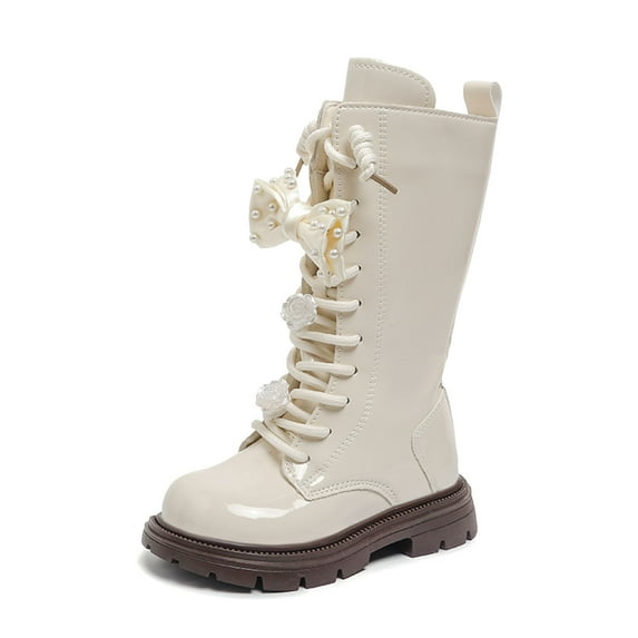 REDARER Girls Winter Boots, Knee High Martin Boots with Bow Decor, Comfortable PU Leather Princess Shoes for Casual Wear,Size:6-7 Years