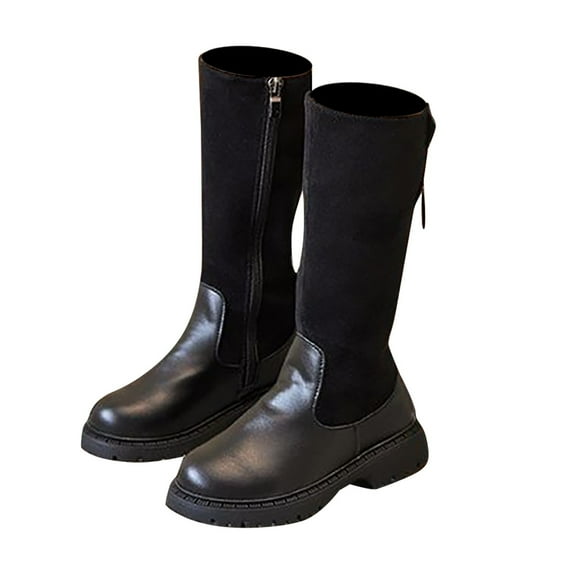 REDARER Girls Winter Boots Side Zipper Bow Detail Tall Leather Boots, Warm Non- Calf Booties for Kids, Stylish Princess Boots,Color:Black,Size:10.5-11 Years