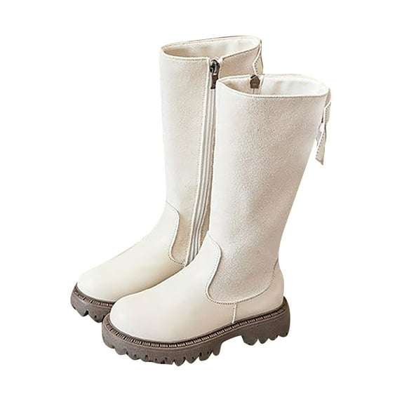 REDARER Girls Winter Boots Side Zipper Bow Detail Tall Leather Boots, Warm Non- Calf Booties for Kids, Stylish Princess Boots,Color:White,Size:4-4.5 Years