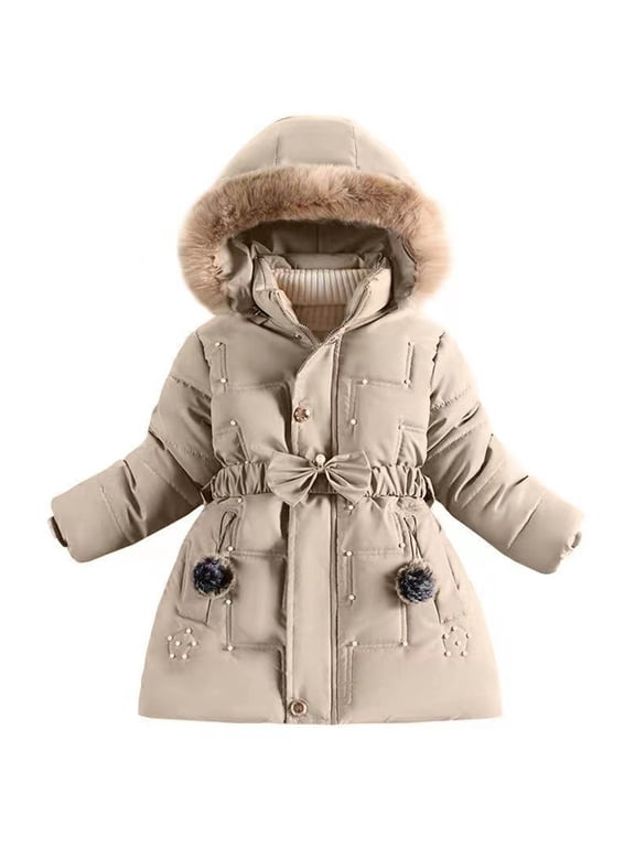 Girls Winter Coat Hooded Jacket, Lined Outerwear for Kids, Cozy Warm Puffer Style Dress Coat,Size:6-7 Years