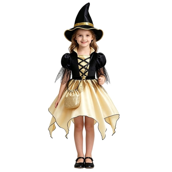 REDARER Girls Witch Cosplay Dress Set with Witch Hat and Drawstring Pouch for Halloween Fancy Dress Role Play Themed Party Outfit,4-5 Years