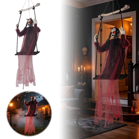 REDARER Halloween Hanging Swinging Zombie Girl Doll with Glowing Eyes Animated Skeleton Face Doll on Bone Swing Bar with Tattered Dress for Porch Tree
