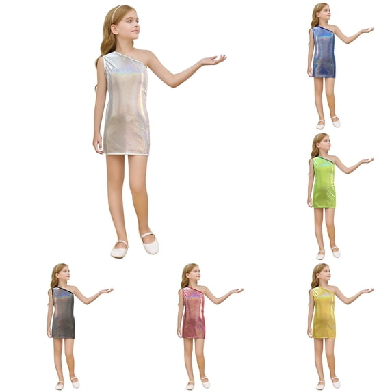 REDARER Holographic Sequin One Shoulder Girls Mini Dress Sleeveless Slim Bodycon Outfit for Halloween Birthday Stage Performance Holiday Party Wear,4-5 Years