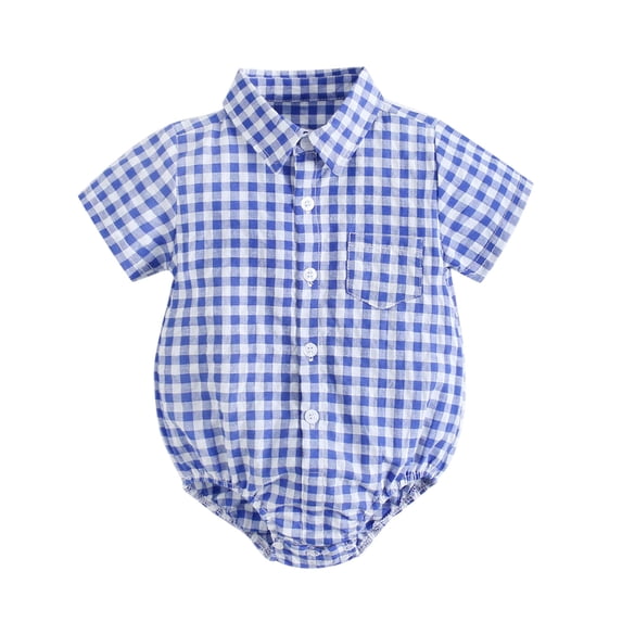 REDARER Boys' Gingham Romper Short Sleeve Button-Down Shirt Bodysuit with Pocket,2-3 Years