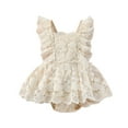 thumbnail image 1 of REDARER Girls' Beige Lace Romper Ruffled Flutter Sleeves Tulle Skirt Bodysuit,12-18 Months, 1 of 6