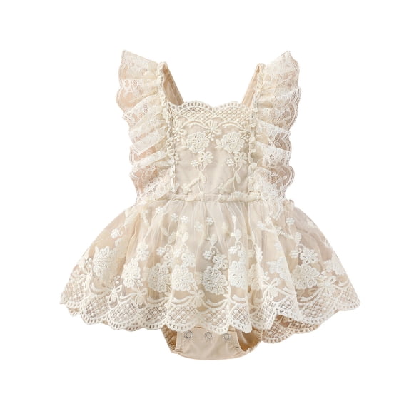 REDARER Girls' Beige Lace Romper Ruffled Flutter Sleeves Tulle Skirt Bodysuit,12-18 Months