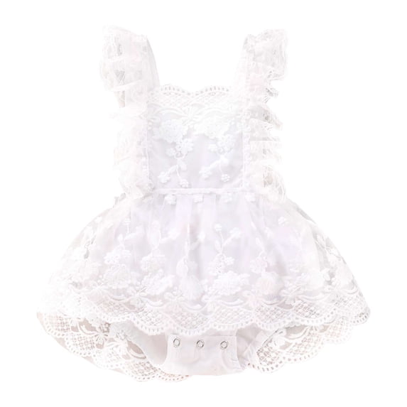 REDARER Girls' Beige Lace Romper Ruffled Flutter Sleeves Tulle Skirt Bodysuit,6-12 Months