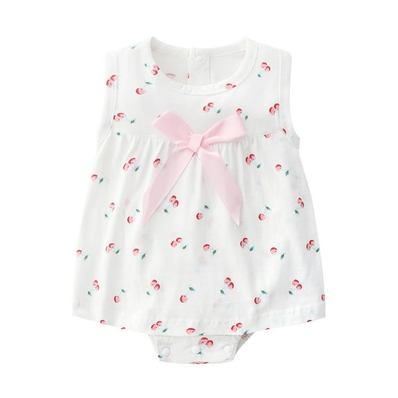 REDARER Girls' Cherry Print Romper Sleeveless Dress with Bow Detail Cotton Baby Bodysuit,6-9 Months