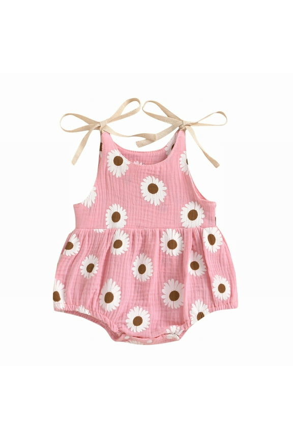 Girls' Daisy Print Halter Romper Adjustable Tie Straps Cotton Summer Bodysuit,0-3 Months