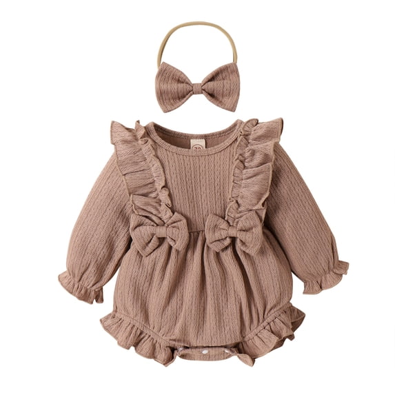 REDARER Girls' Long Sleeve Solid Romper & Headband Set Ruffle Trim Bowknot Design Bodysuit Outfit for Daily,3-6 Months